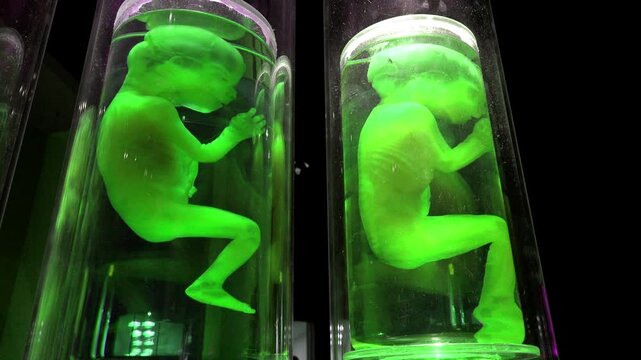 Alien babies on display in jars 4k