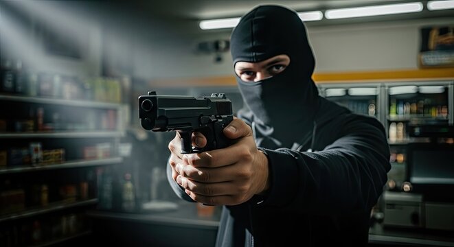 A masked individual in a dark balaclava pointing a handgun at the camera in a dimly lit, cluttered room with shelves of bottles and other items.