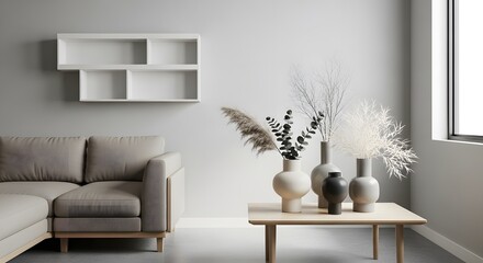 Modern Living Room Interior With Sectional Sofa And Decorative Vases On Coffee Table