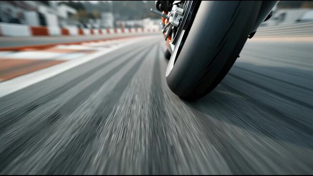 Thrilling close up race track action of fast motorcycle wheel showing incredible speed and powerful motion blur