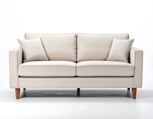 A modern, light beige sofa with simple lines and wooden legs presented against a white background.