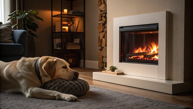 Dog resting near fireplace in cozy living room interior scene - Powered by Adobe