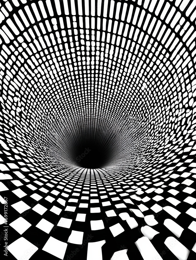 Poster dynamic pattern of black and white shapes creating an optical illusion of depth with a twist effect