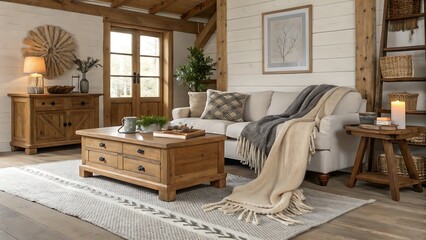Interior view of a living room with wooden furniture and decor