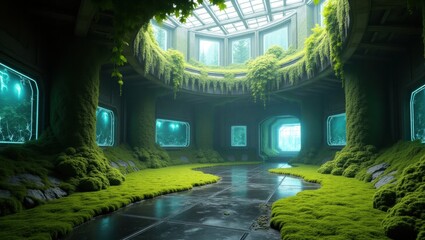 Post-apocalyptic AI research facility reclaimed by nature, overgrown with cybernetic vines and biotechnological organisms