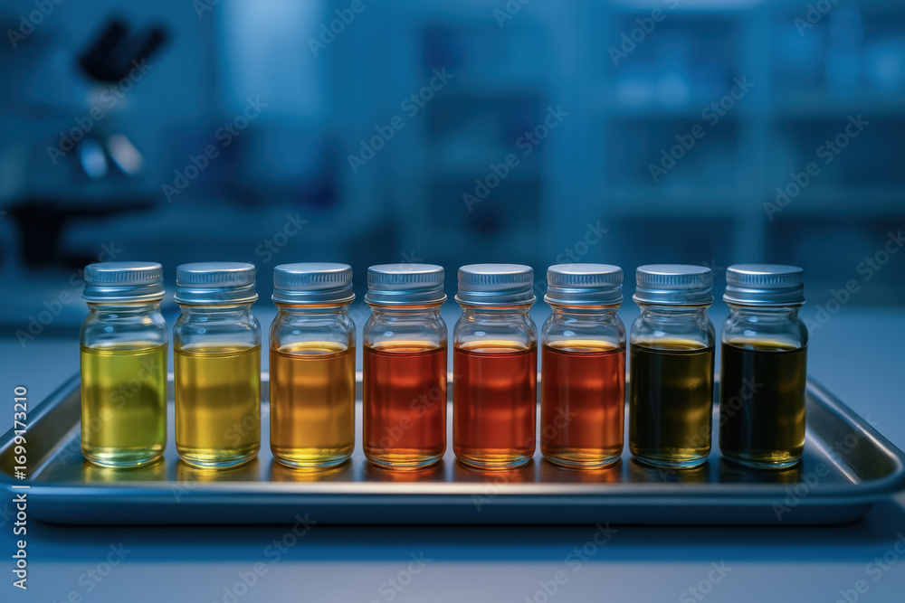 Poster laboratory vials with oil samples in analysis row for industry testing and color comparison conveyin