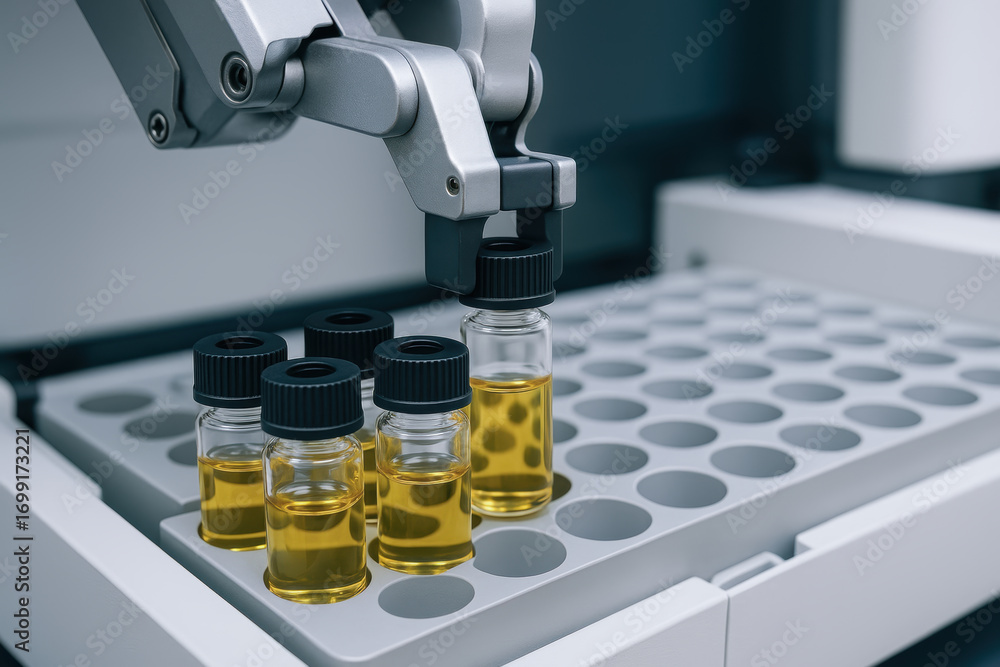 Poster laboratory vial oil analysis industry robot arm handling vial with liquid in tray precise sampling a