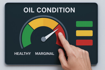 Oil analysis industry dashboard showing gauge indicating poor oil condition with hand pointing to red alert zone conveying concern and urgency