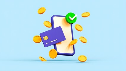 Online Payment Transaction Successful Mobile Banking App Concept with Credit Card and Coins