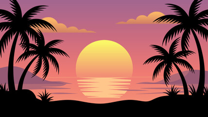 Vector illustration of sunrise behind snowy mountain peaks with a pine tree silhouette in the foreground. Perfect for nature, travel, and adventure designs.