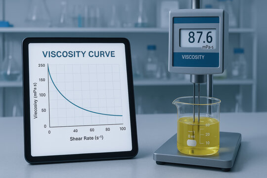 Laboratory viscosity analysis of industrial oil with rheometer measuring fluid behavior and viscosity curve graph demonstrating shear rate - Powered by Adobe