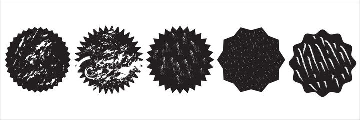 Black starburst promo badges and sticker. Abstract circular grunge badges. circular stamp shapes with rough textured edges, perfect for labels, retro design elements, or vintage decoration. EPS 10

