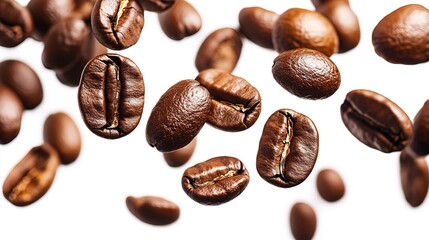Fototapeta premium Flying Roasted Coffee Beans on White Background