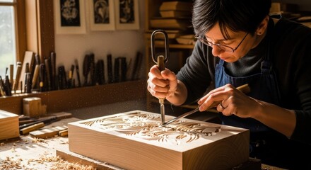 A person carving a wooden block with a chisel in a workshop.