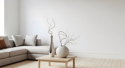 A bright and airy living space with a comfortable sectional sofa in a neutral fabric, adorned with accent pillows, sits opposite a wooden coffee table holding decorative vases.