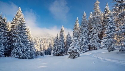 Naklejka premium a picture of a winter forest winter in the forest powder day on the mountain fresh snow on the trees