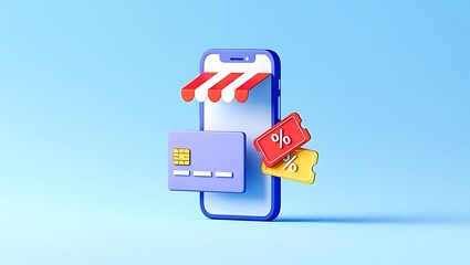 Online shopping with mobile phone application discount coupon and credit card 3d rendering