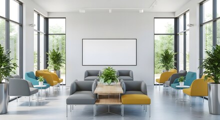 Bright and airy contemporary waiting room with multiple seating sections, potted plants, and large windows showcasing lush greenery. A blank screen is mounted on the white wall.