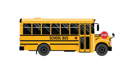 Stylized school bus vector illustration on white backdrop conveying education and childhood themes with its iconic appearance and vibrant yellow color