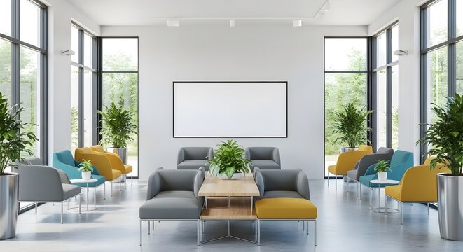 Bright and airy contemporary waiting room with multiple seating sections, potted plants, and large windows showcasing lush greenery. A blank screen is mounted on the white wall.