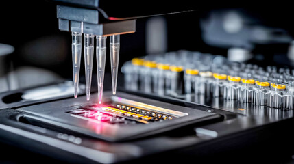 Close macro of a bioengineering workstation: pipette tips  microfluidic chips and a compact benchtop bioreactor with subtle holographic readouts above