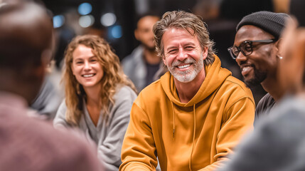 Obraz premium Entrepreneur demonstrating product packaging to a focus group in a commons area medium dolly-in to faces