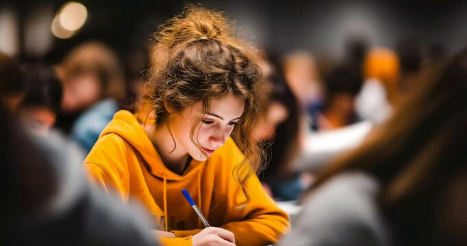 Natural-light classroom where a mixed group of students collaborate on lab notebooks and tablets  over-the-shoulder 50mm push-in to group