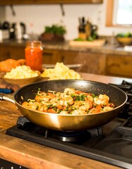 Shrimp pasta cooking on stove