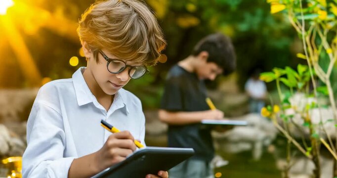 Outdoor learning lab beside an ecological testing garden with students collecting samples and logging data on tablets  handheld follow behind student