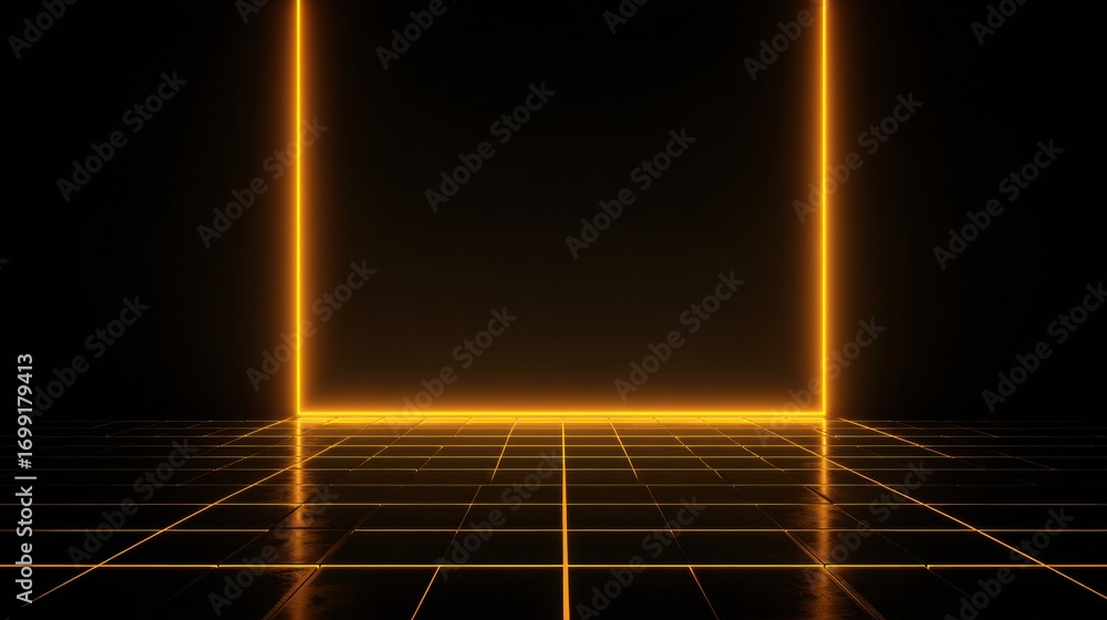 Poster illuminated geometric structure in a dark setting creates an immersive and futuristic atmosphere in 
