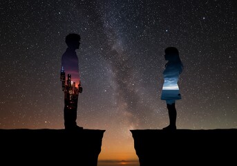 Silhouette of a couple standing on cliffs under the starry sky at night