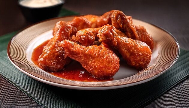 a vibrant and tantalizing display of fried chicken drummets coated in spicy sauce perfect for food lovers