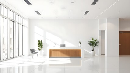 Fototapeta premium Bright and modern office reception area with clean white walls and natural lighting.