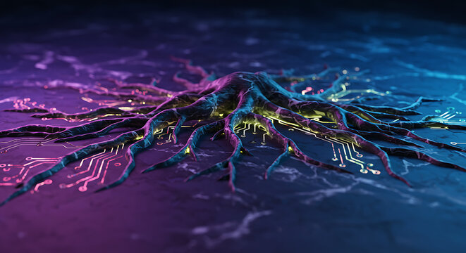 Modern technology roots with circuit patterns glow with neon light, symbolizing connection