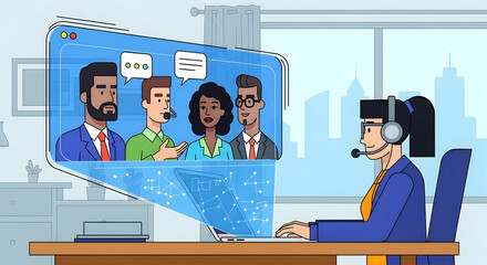 Virtual meeting video conference illustration with team support in remote business workplace