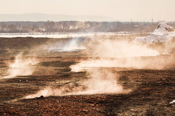 smoke on slag dump, pollution