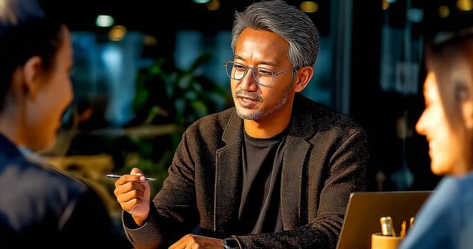 Small SME consultation in a bright Business Center meeting room &mdash; entrepreneur presenting a prototype to advisors while samples sit on the table  over-the-shoulder 50mm push-in