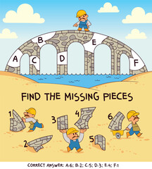 Bridge repair puzzle for kids. Match the missing stone pieces to complete the arch bridge. Construction theme visual game that trains attention, shape matching, and spatial reasoning.