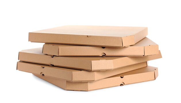 Pizza boxes stacked on white background