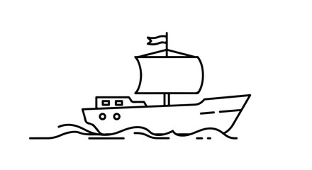 Simple Line Drawing of a Sailboat on Wavy Water with Flag, Illustrating Nautical Adventure and Maritime Transportation