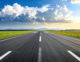 Fototapeta premium A wide, paved runway stretches into the distance beneath a dramatic sky filled with cumulus clouds, offering a serene and expansive vista.