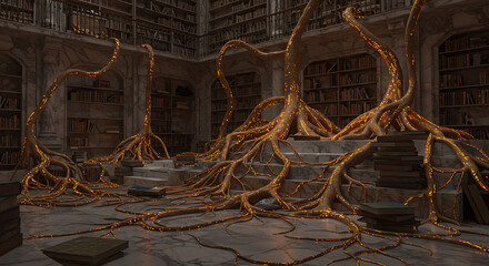 Ancient, glowing tree roots intertwine with books in a grand library, symbolizing knowledge and growth.