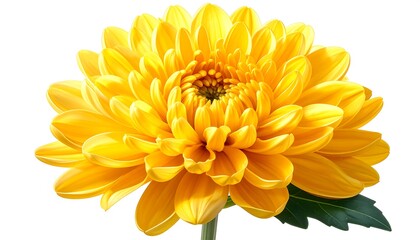 A vibrant yellow chrysanthemum flower, close-up, displays intricate details of its petals and center against a pure white background.