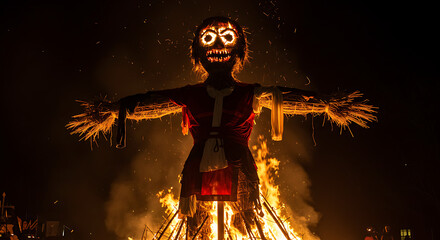 Burning effigy of straw figure halloween tradition bonfire night scene spooky atmosphere.