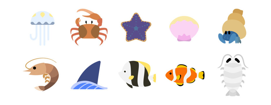 Set of ten marine life icons featuring jellyfish, crab, starfish, shells, shrimp, shark fin, tropical fish, isopod collection
クラゲ、カニ、ヒトデ、貝殻、エビ、サメの背びれ、熱帯魚、等脚類を含む海の生き物のアイコン10点のセット