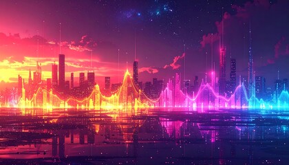 Obraz premium A vibrant cityscape glows with neon hues and digital lines, reflecting on a still water surface at sunset.