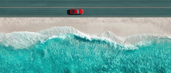 Aerial view of a red car on a coastal road beside turquoise ocean waves and a white sand beach, presenting a scenic seaside scene.