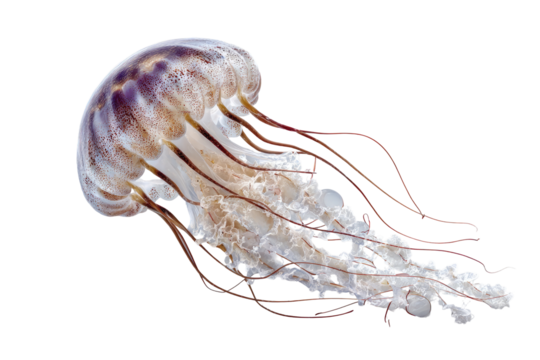 Floating jellyfish, translucent body,  brown-purple bell,  long reddish-pink tentacles