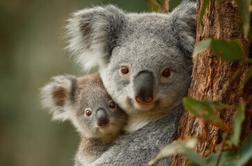 Obraz premium A close - up of an adult koala holding a baby koala, leaning against a tree trunk with green foliage in the background.