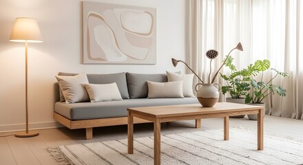 A bright and airy living room featuring a grey sofa with neutral cushions, wooden coffee table, floor lamp, textured rug, and artwork on a light-colored wall.